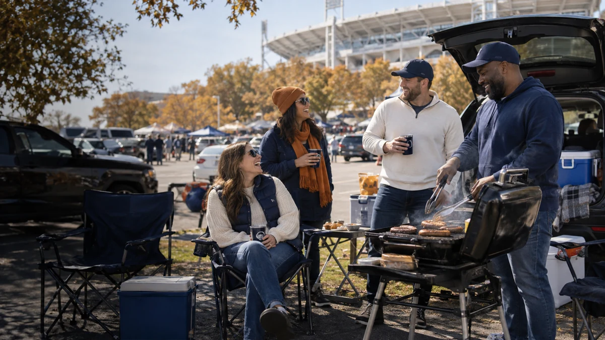 Fans gathering around a grill for a tailgate outside the stadium