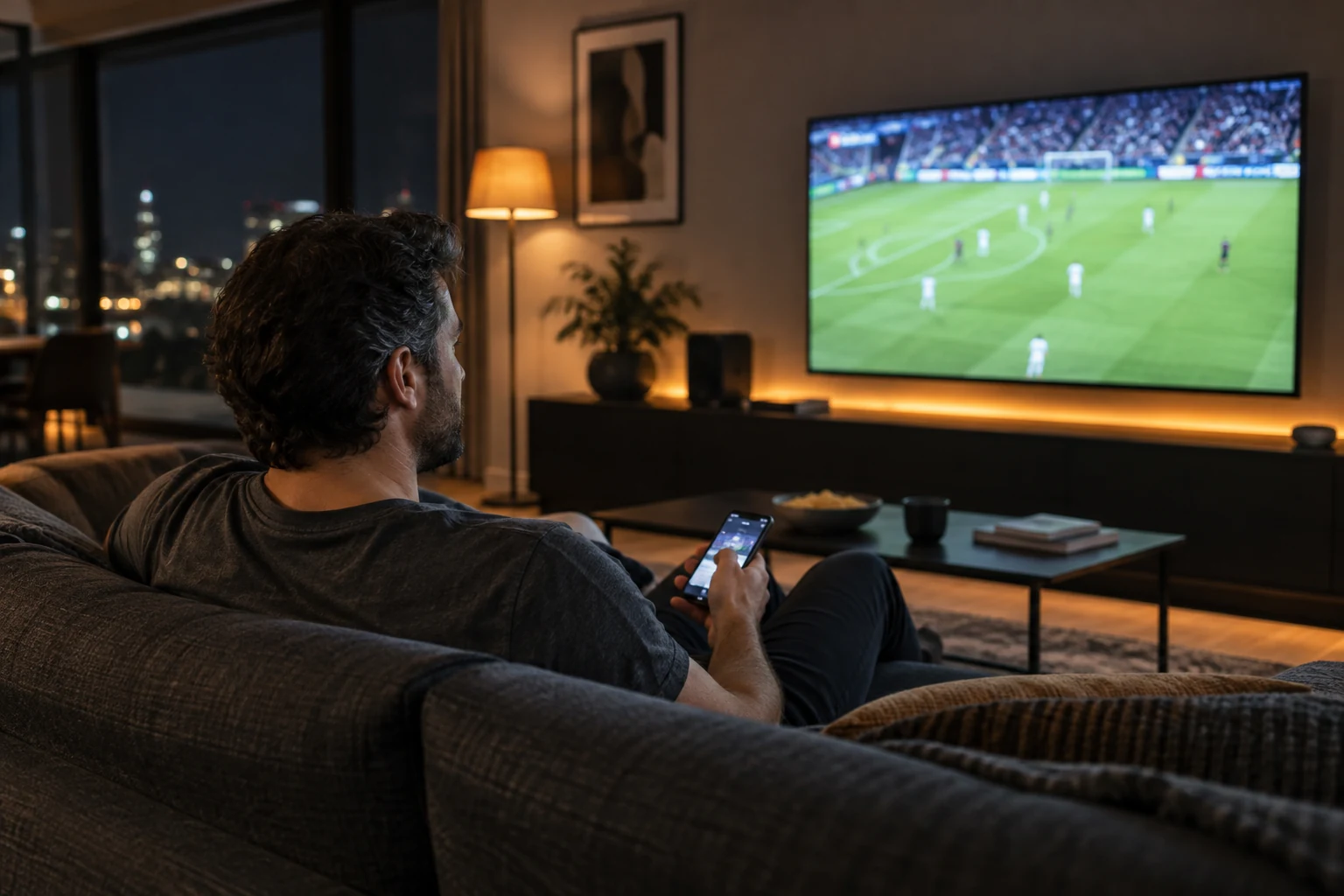 A fan watching sport with a phone in hand