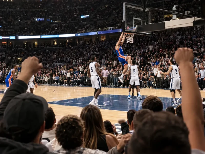 Fans watching New York players in blue and orange at the basket