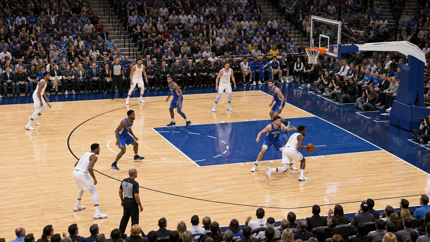 An illustrative professional basketball game viewed from the broadcast camera